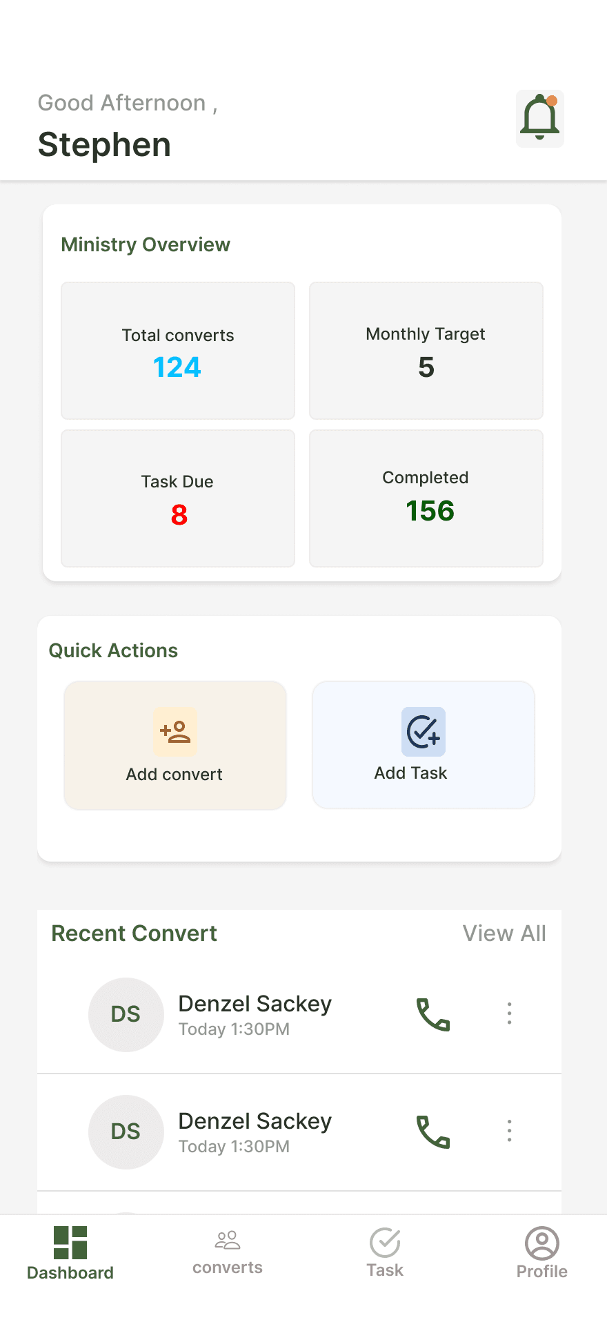 Screenshot of TheVine dashboard showing a list of recent converts and follow-up tasks